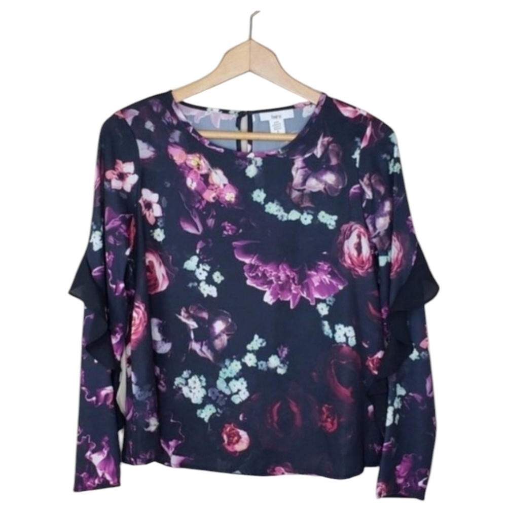 Bar III Black Pink Floral Ruffle Long Sleeve Blouse Size Small Boho Cottagecore